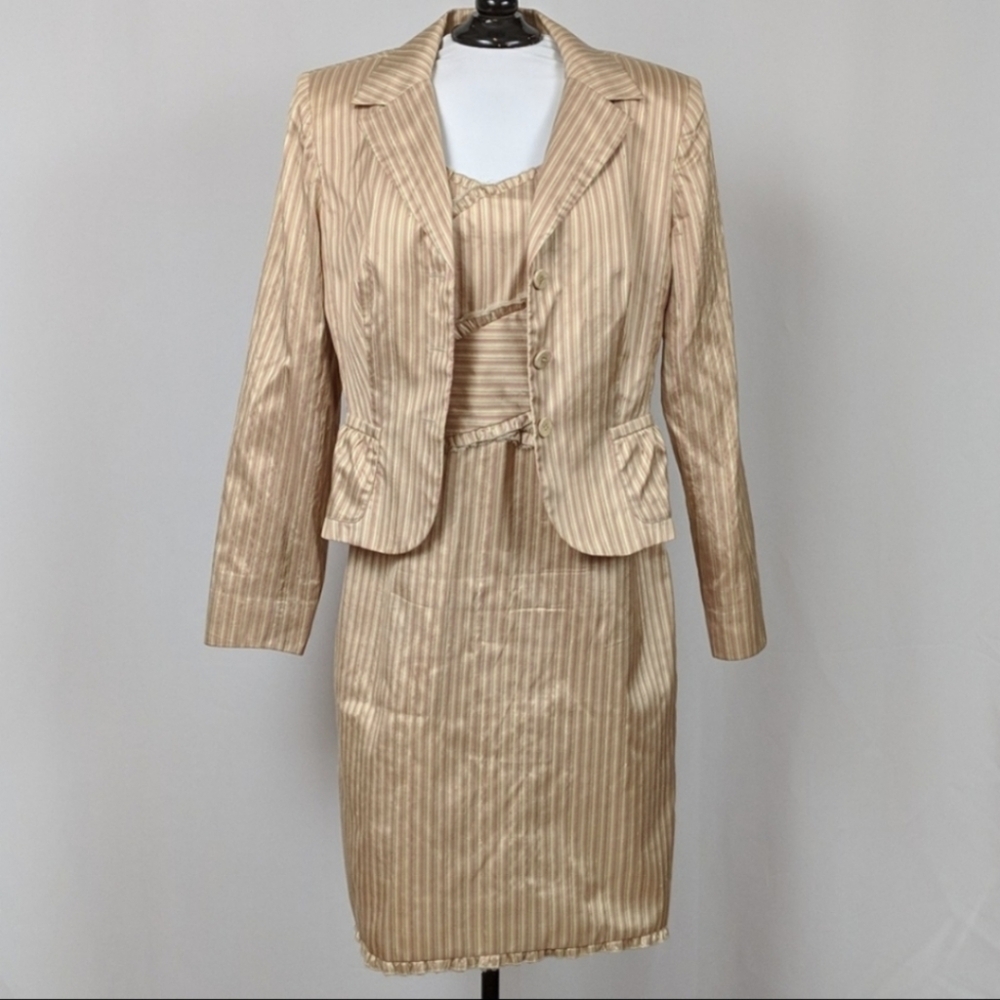 Kay Unger Suit Strapless Dress & Fitted Jacket Striped Dupioni Silk Vintage 10
